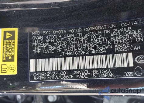 2014 Lexus Es 350 from USA, damaged, VIN JTHBK1GG2E2140234
